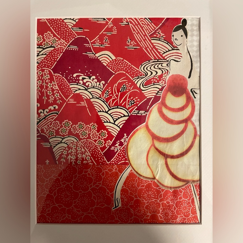 Original Framed Collage Art Fashion Illustration with Red and White accents